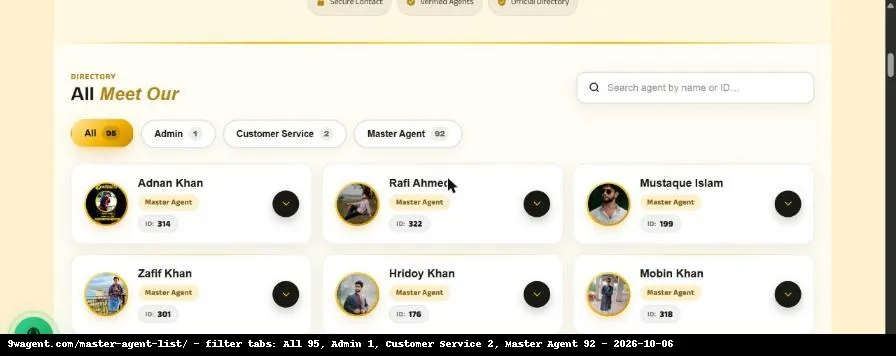 9W Agent এজেন্ট লিস্টের ফিল্টার: All 95, Admin 1, Customer Service 2, Master Agent 92